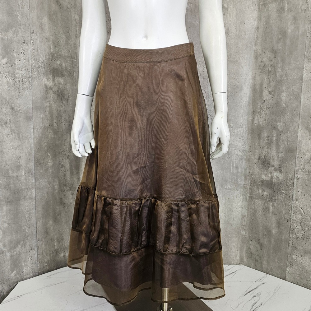 Linda Bertozzi Brown Sheer Silk Organza Midi Skirt Ruffle Hem Y2K Boho 1 aka S